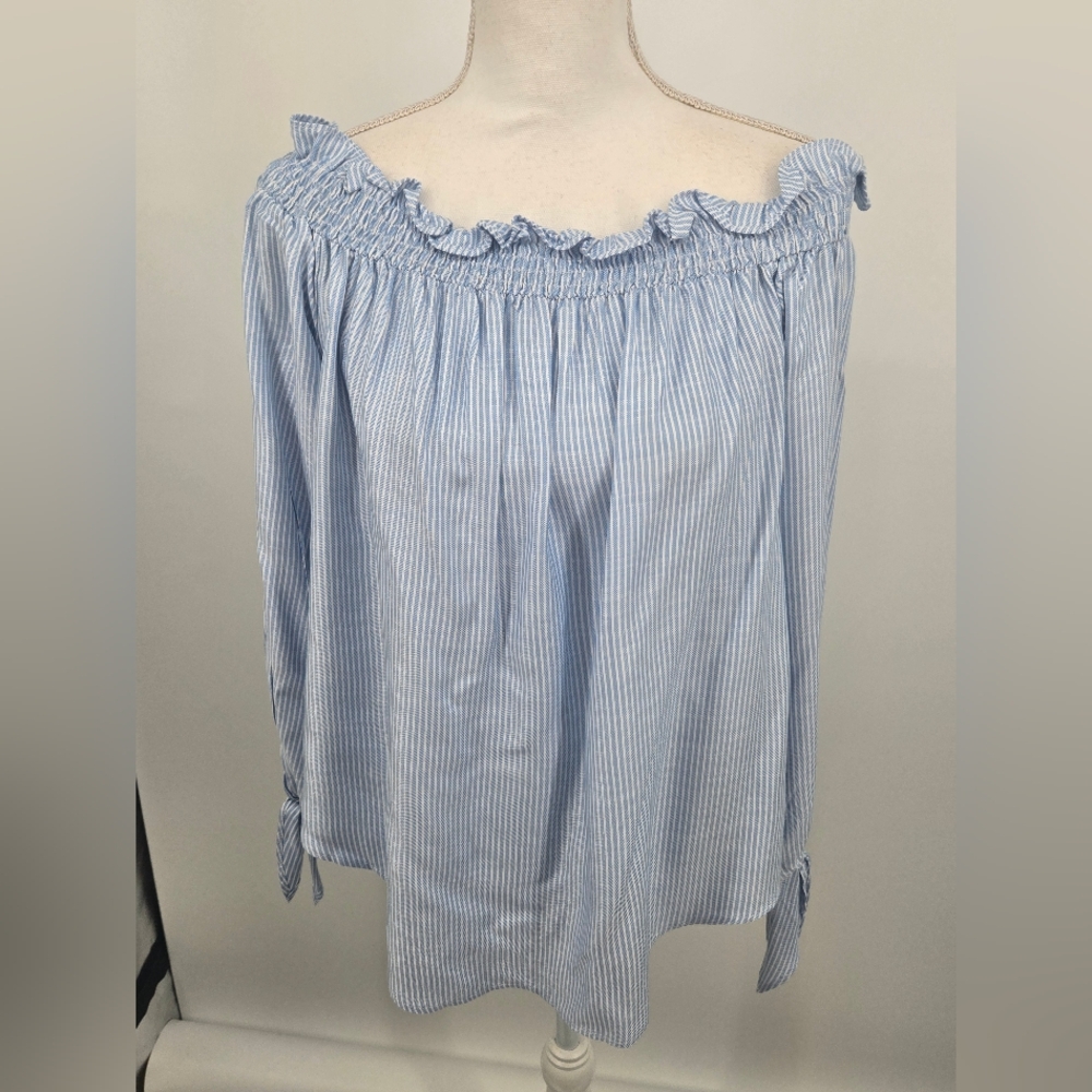 Tommy Hilfiger Blue & White Pinstripe Off-Shoulder Ruffle Top Medium (6604)